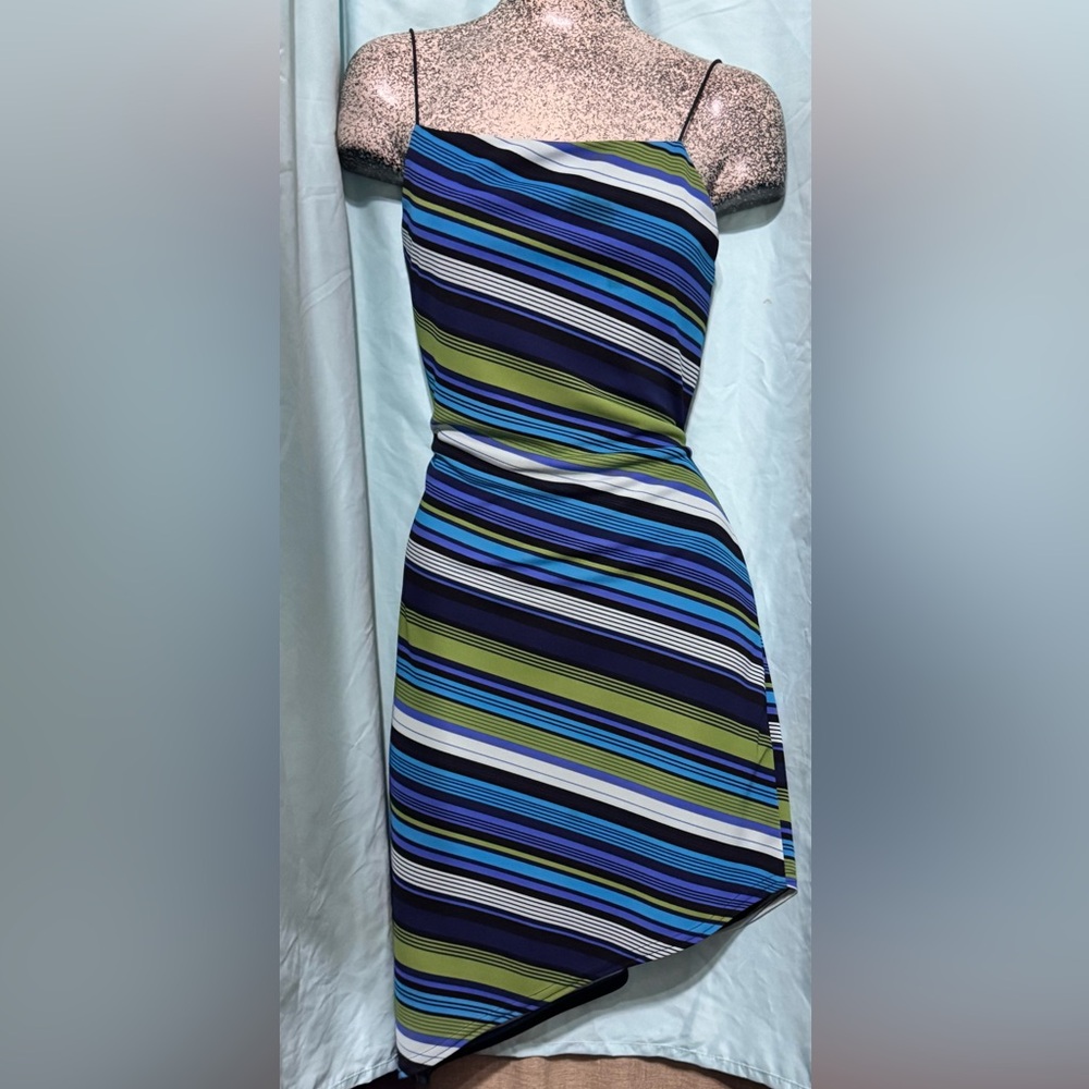 Cute Spaghetti Strap & Backless Striped Abstract Fun Dress, sz S